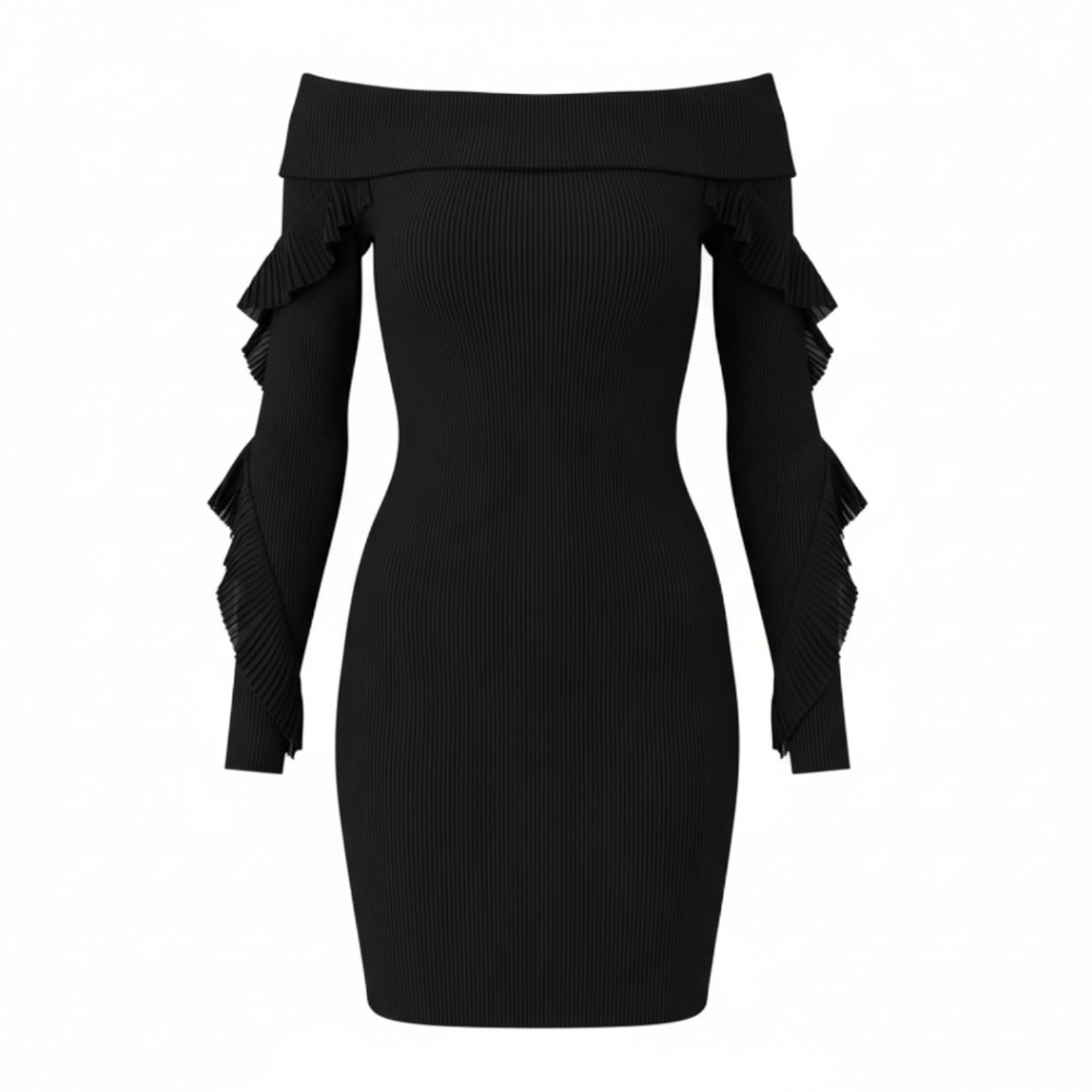 Women’s Black Off-Shoulder Bodycon Dress with Ruffle Sleeves Elegant Party NWT - Picture 3 of 3